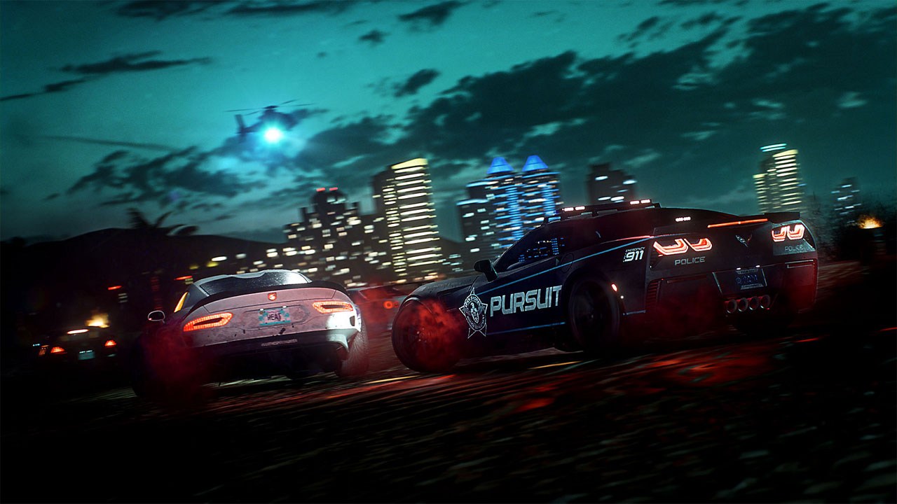 Three cars chasing on a road at night. In the sky is a helicopter with a spotlight on. And in the background far away are building depicted with motion blur